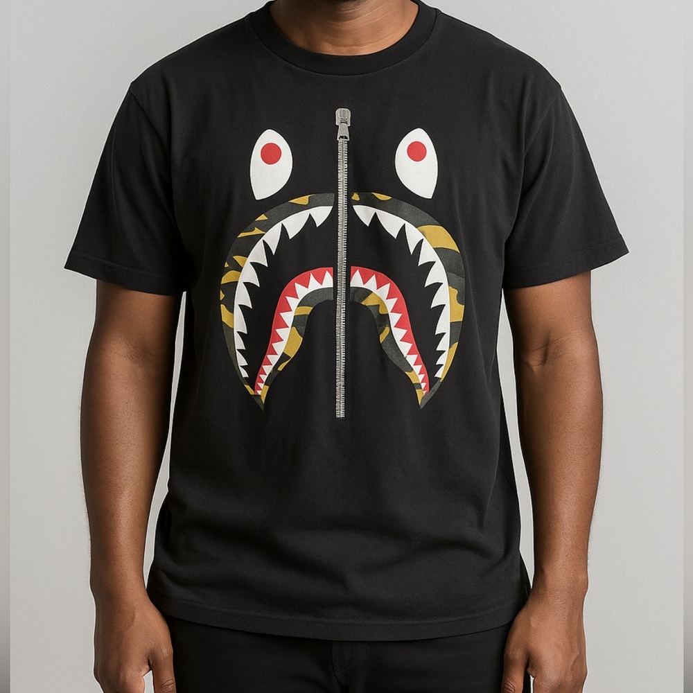 BAPE A bathing Ape mens camo shark Tshirt size medium
